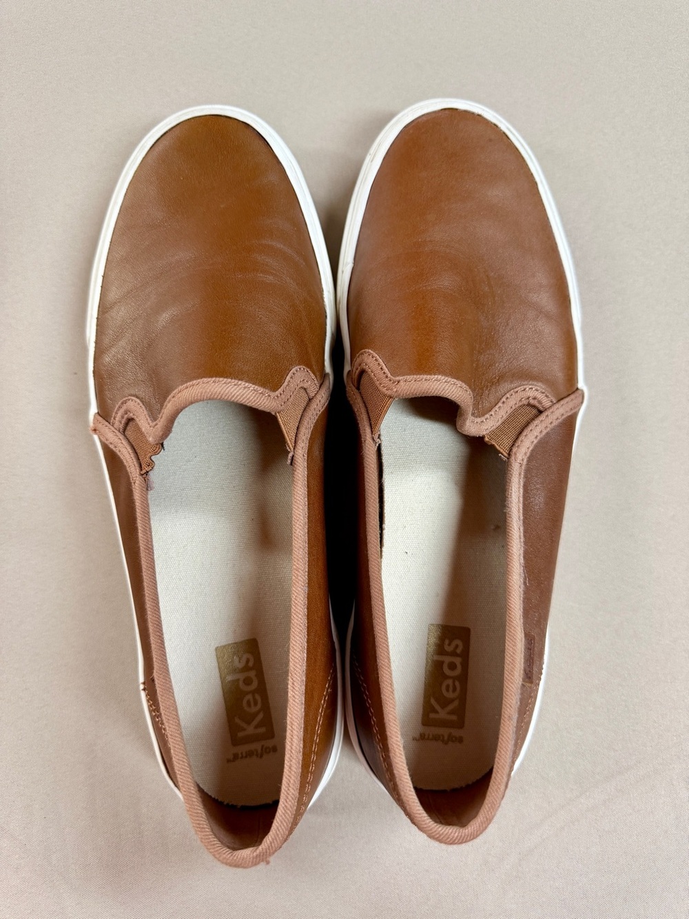 Keds | Women’s Slip-On Leather Sneakers | Brown and White | Size 9